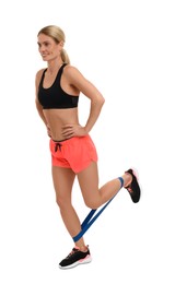 Photo of Woman exercising with elastic resistance band on white background