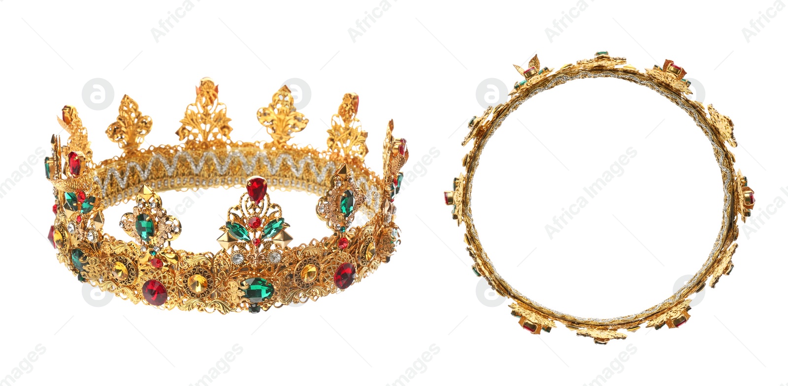 Image of Beautiful crown with gemstones on white background, side and top views