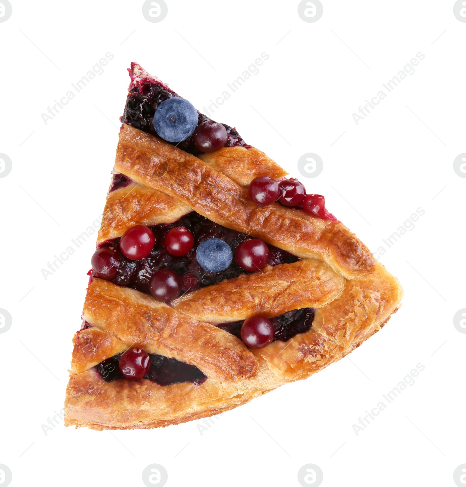 Photo of Piece of delicious currant pie and fresh berries isolated on white, top view