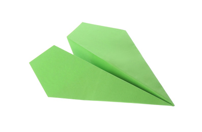 Photo of Handmade green paper plane isolated on white