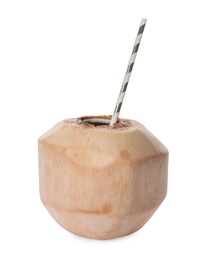 Photo of Young peeled coconut with straw isolated on white