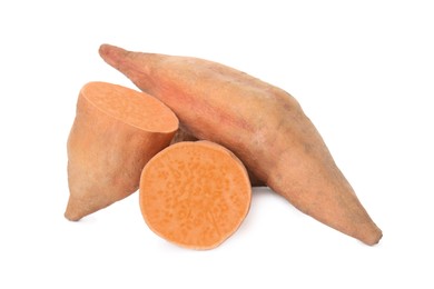 Photo of Whole and cut ripe sweet potatoes on white background