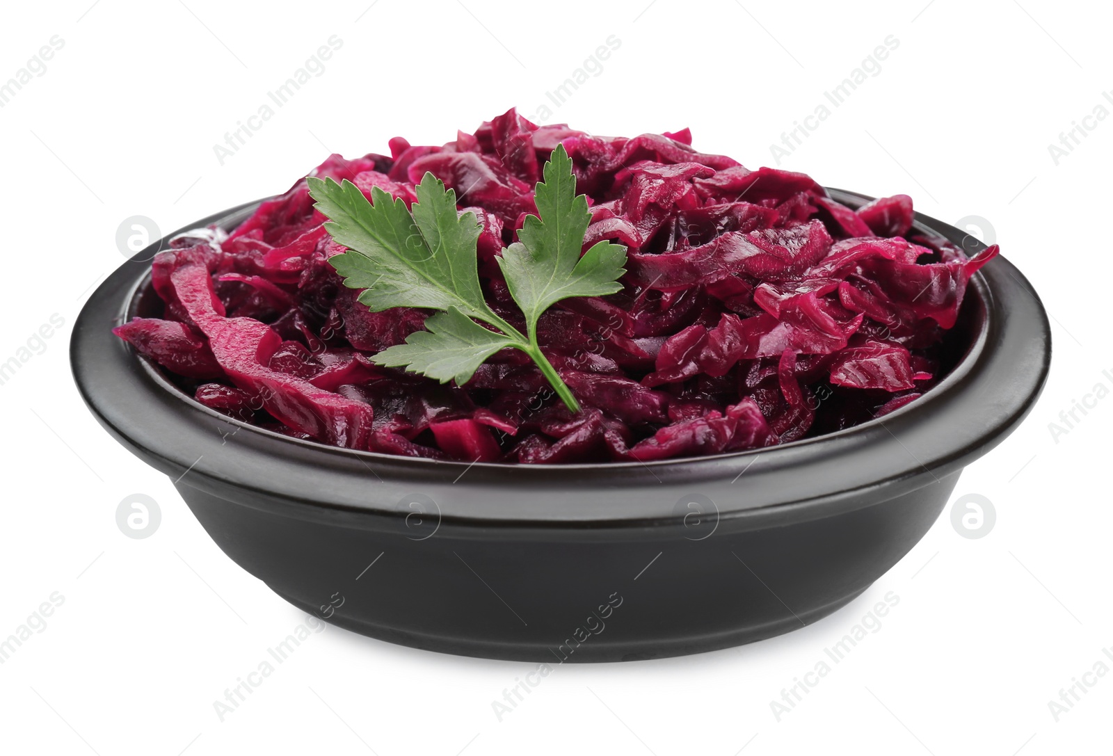 Photo of Bowl of tasty red cabbage sauerkraut with parsley isolated on white