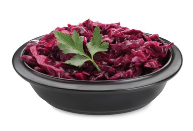 Photo of Bowl of tasty red cabbage sauerkraut with parsley isolated on white