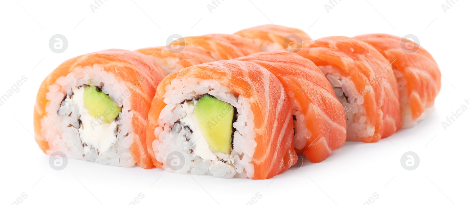 Photo of Delicious sushi rolls with salmon on white background