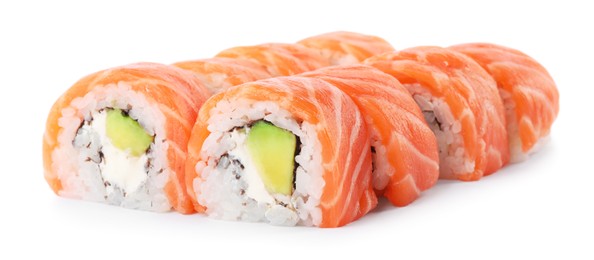 Photo of Delicious sushi rolls with salmon on white background