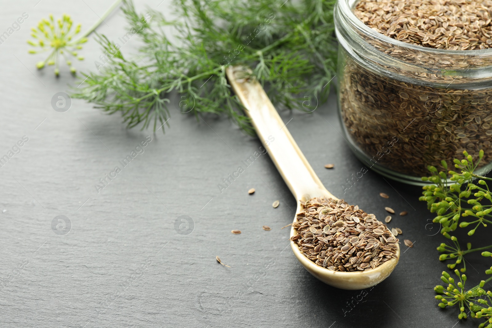 Photo of Dry seeds and fresh dill on black table, space for text