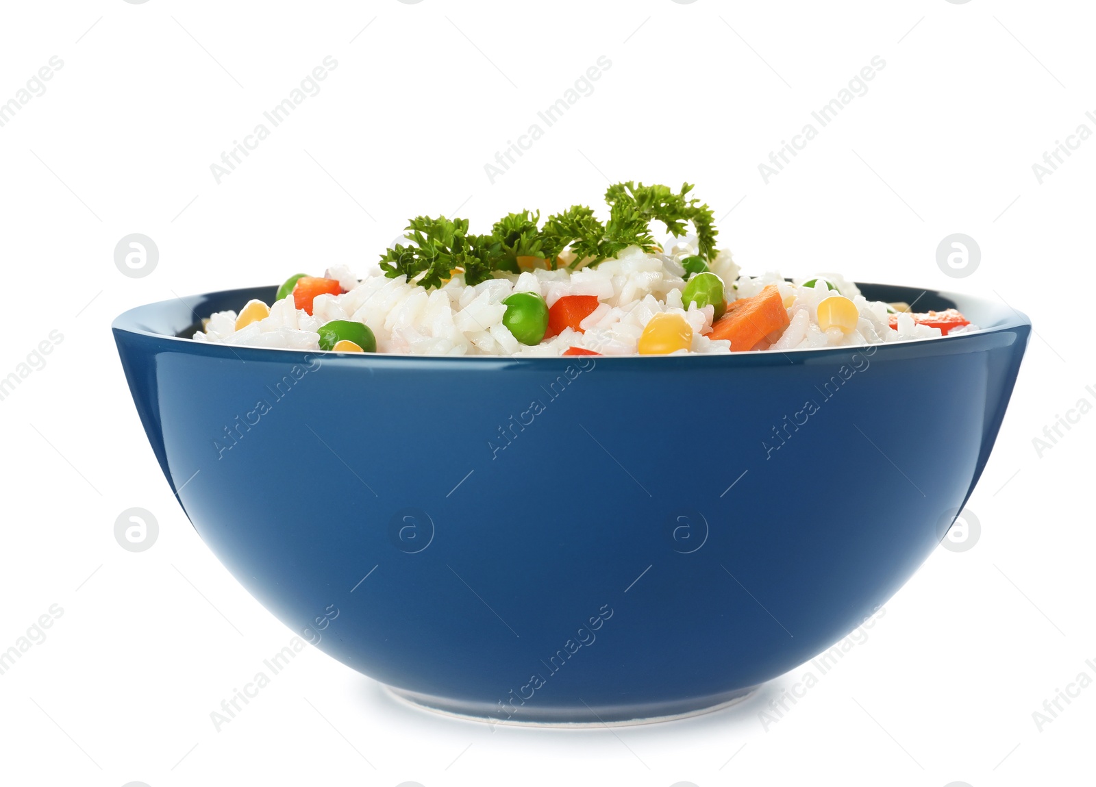 Photo of Bowl with tasty rice and vegetables on white background