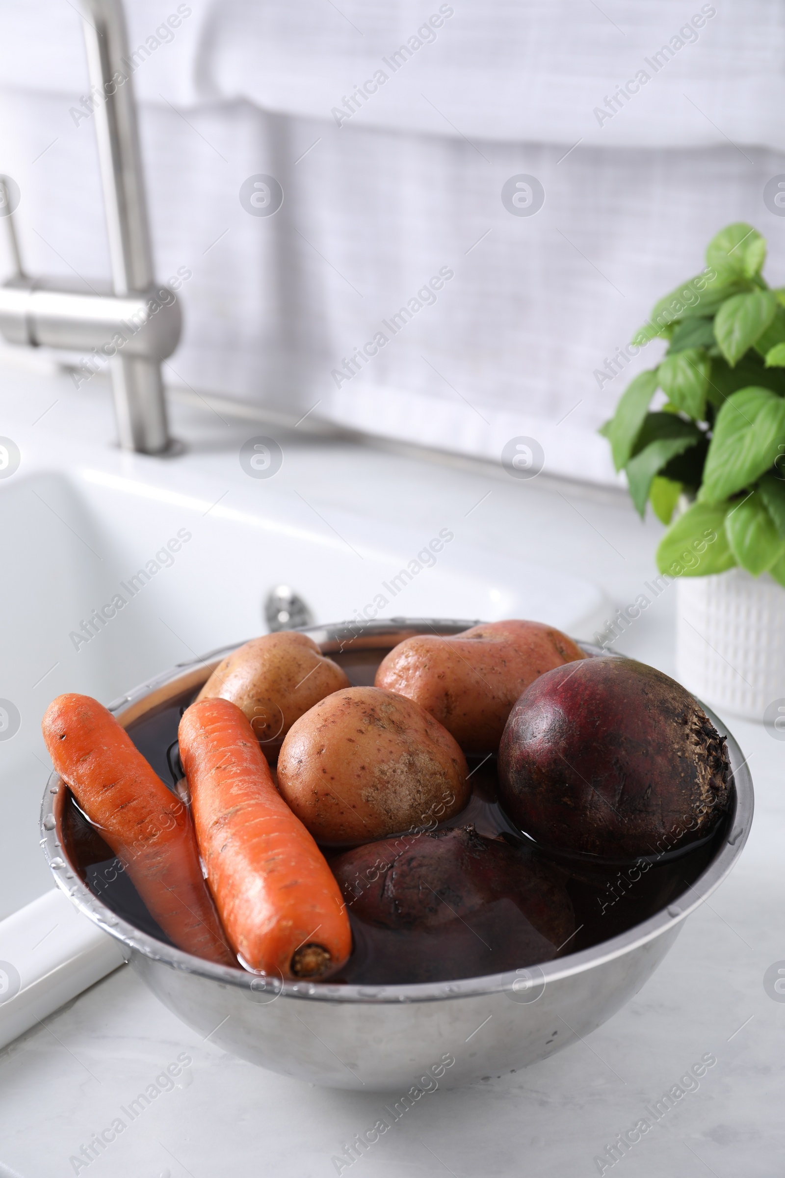 Photo of Fresh vegetables with water in bowl on white countertop. Cooking vinaigrette salad