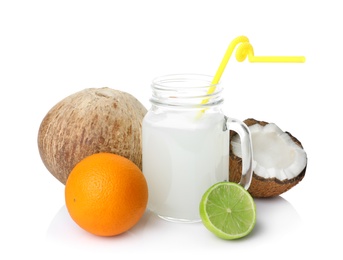 Photo of Composition of coconut milk and tropical fruits on white background