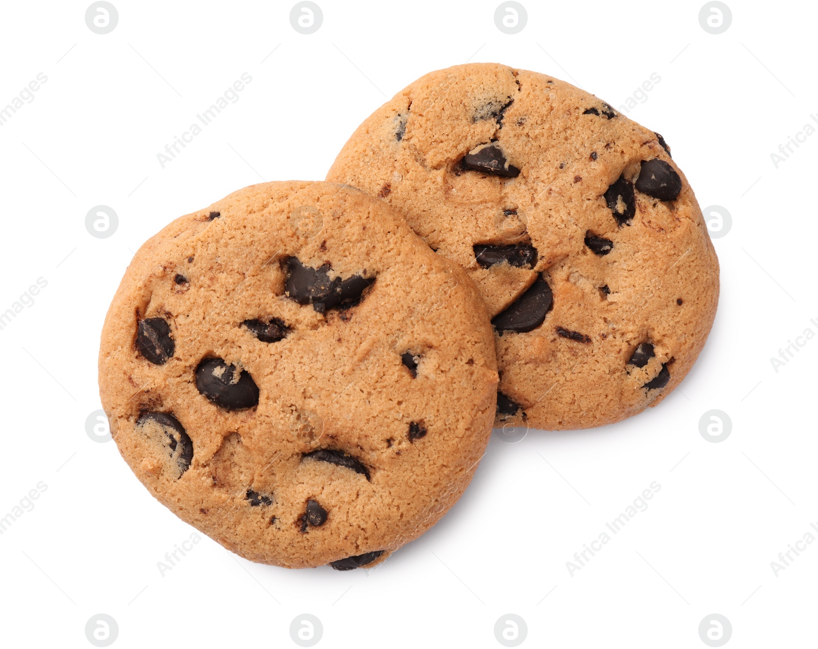 Photo of Delicious chocolate chip cookies isolated on white, top view