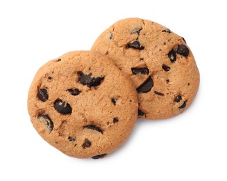 Photo of Delicious chocolate chip cookies isolated on white, top view