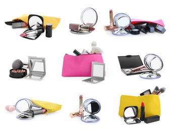 Set with stylish pocket mirrors and cosmetic bags with makeup products on white background