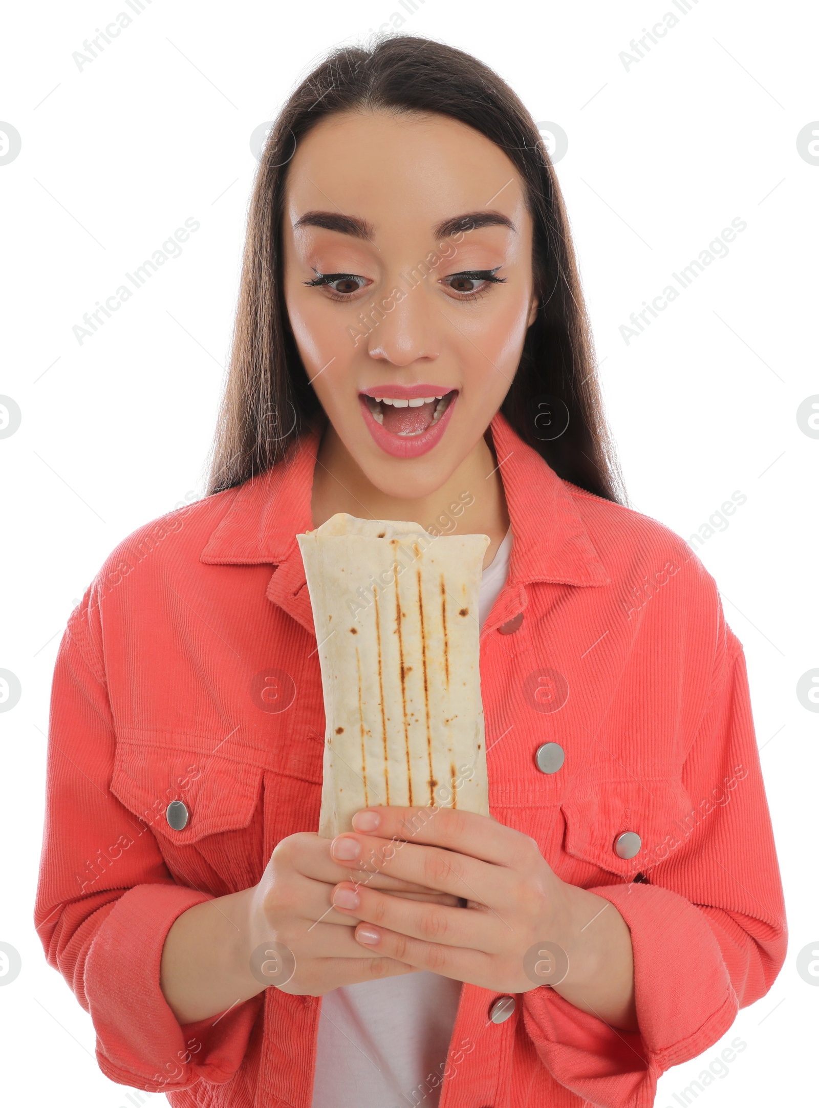 Photo of Young woman eating tasty shawarma isolated on white