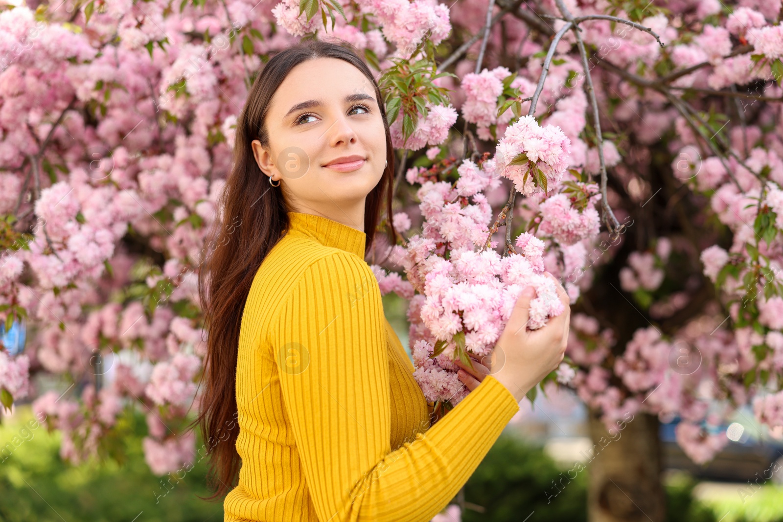 Photo of Beautiful woman in sunglasses near blossoming tree on spring day