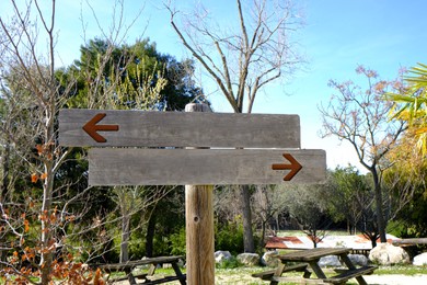 Blank wooden signpost with arrows in recreational area