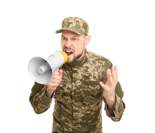 Photo of Military man shouting into megaphone on white background