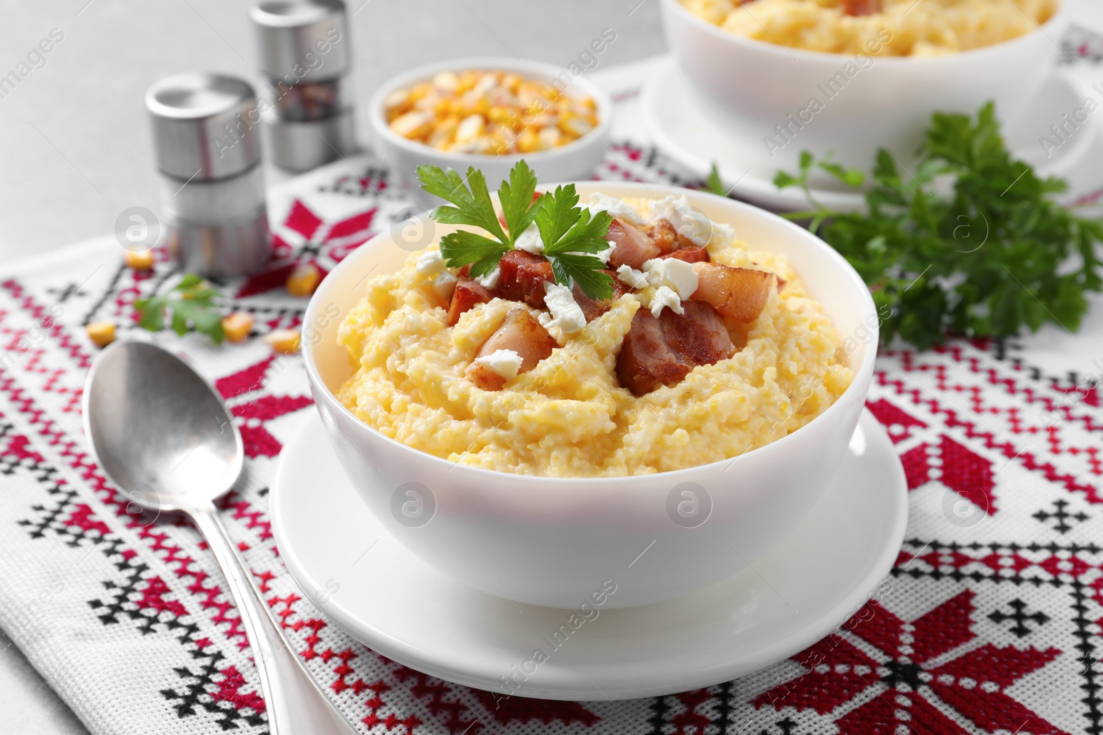 Photo of Delicious traditional Ukrainian banosh served on table