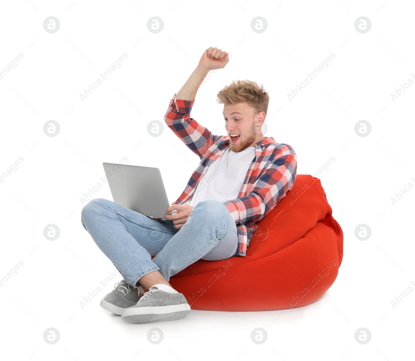 Photo of Emotional man with laptop on white background