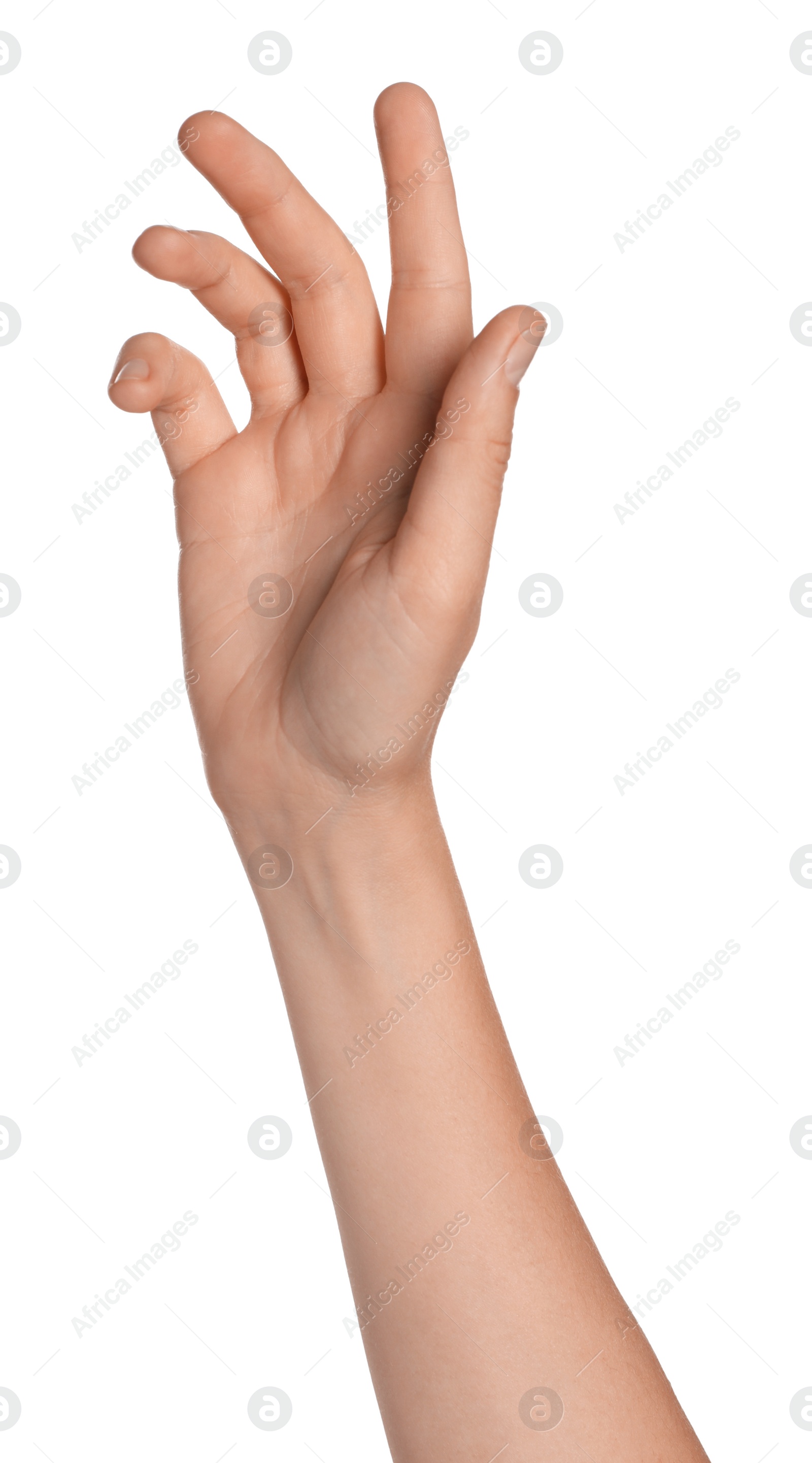 Photo of Woman holding something on white background, closeup of hand