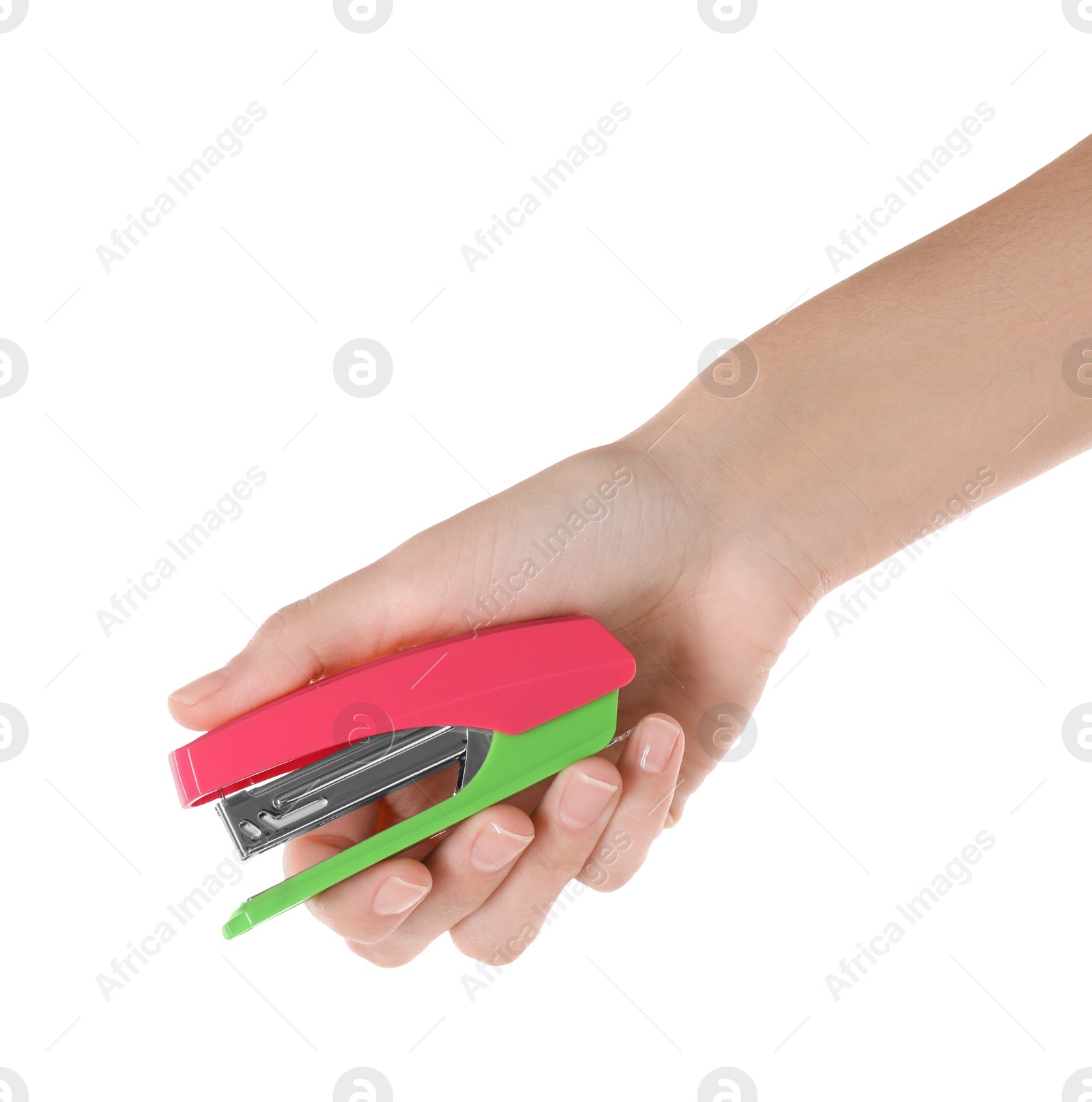 Photo of Woman holding bright stapler on white background, closeup