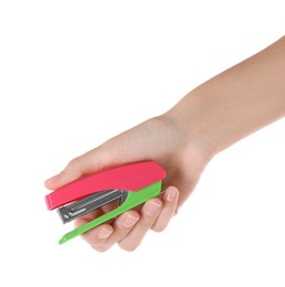 Photo of Woman holding bright stapler on white background, closeup