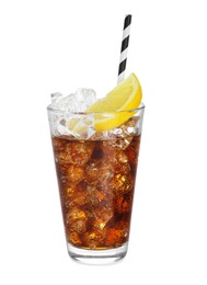 Glass of refreshing soda drink with ice cubes and lemon isolated on white