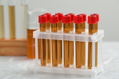 Test tubes with brown liquid in stand on table, closeup