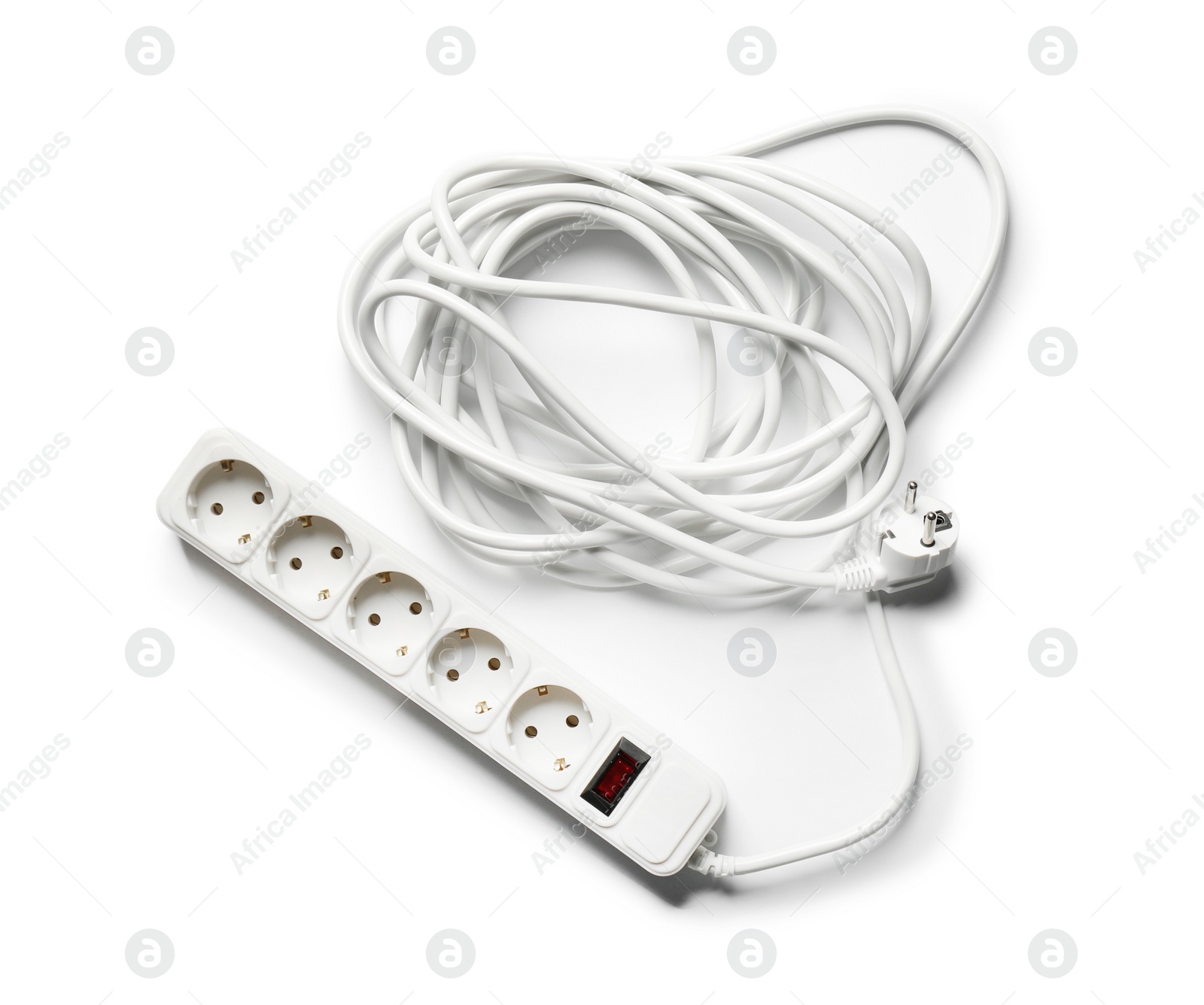 Photo of Extension cord on white background, top view. Electrician's equipment