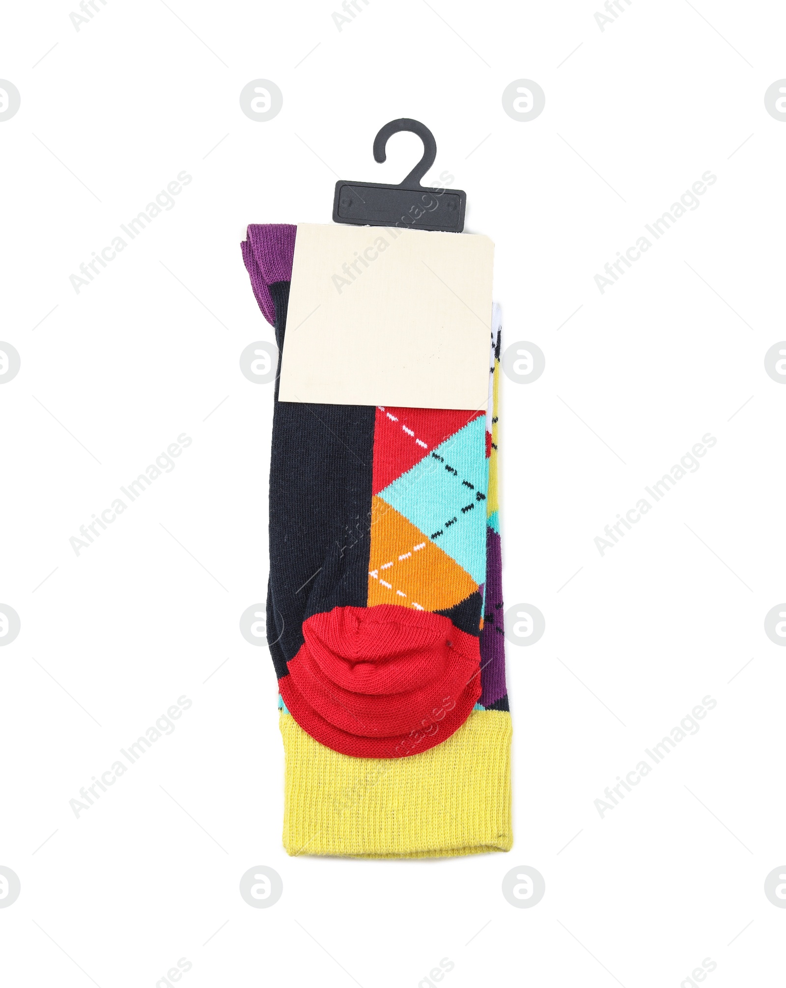 Photo of Colorful socks on white background, top view