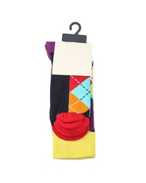 Photo of Colorful socks on white background, top view