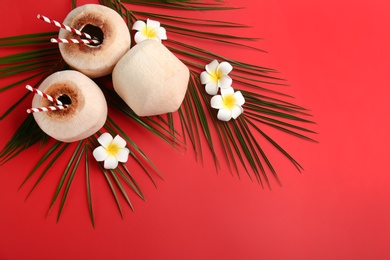 Photo of Fresh coconuts with drinking straws and flowers on red background, flat lay. Space for text