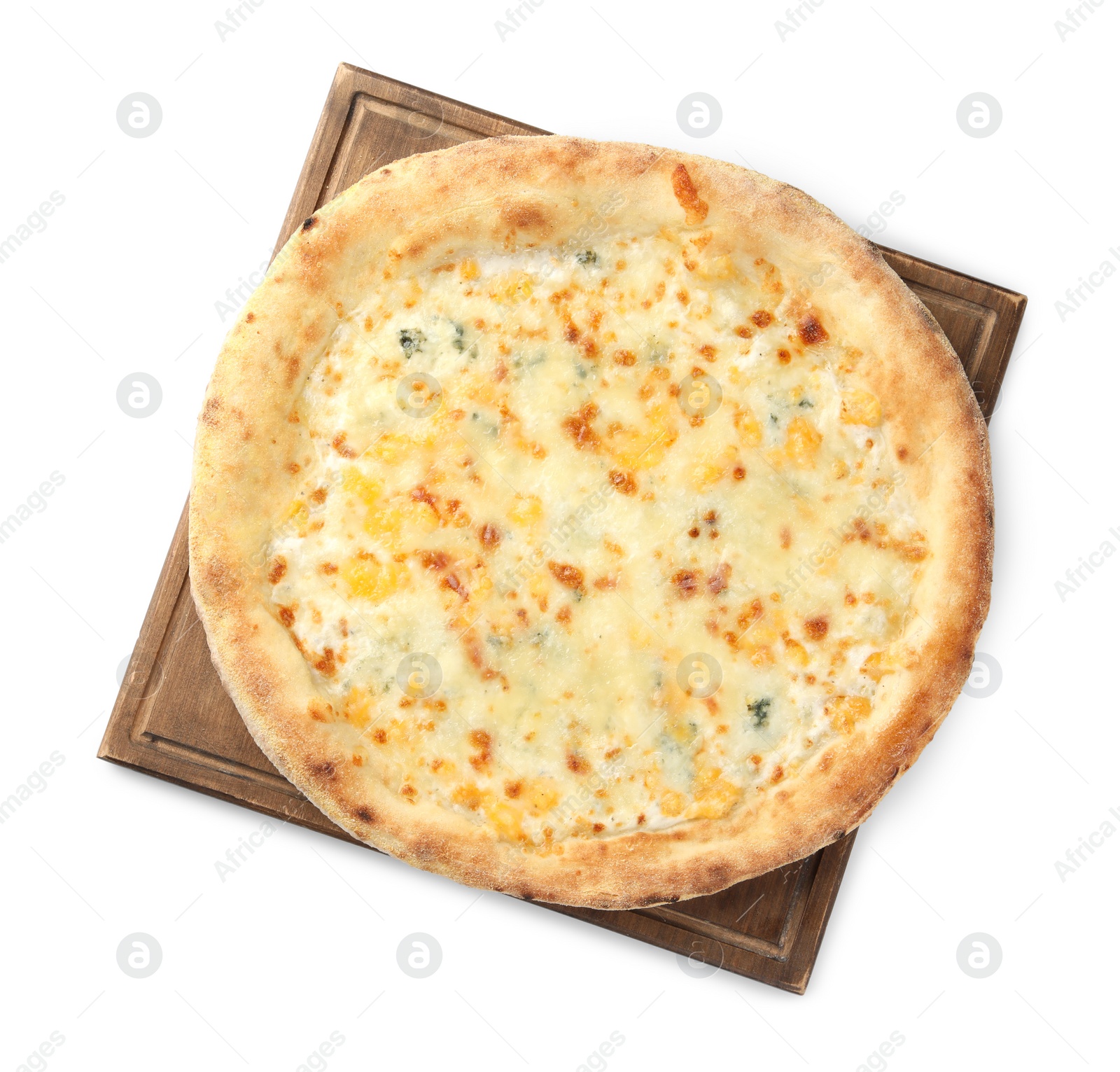 Photo of Delicious cheese pizza isolated on white, top view