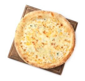 Photo of Delicious cheese pizza isolated on white, top view