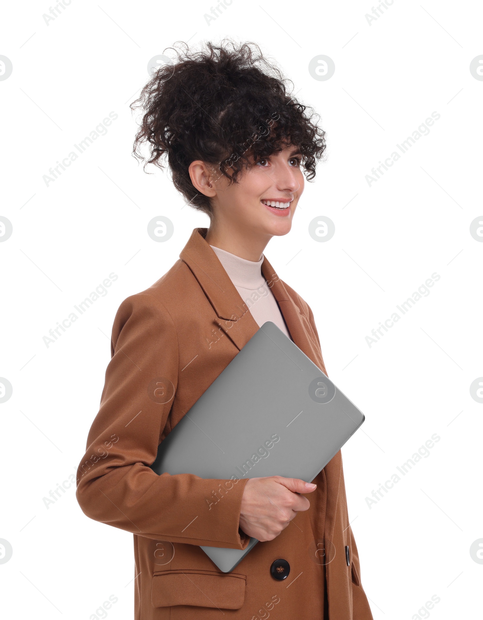 Photo of Beautiful happy businesswoman with laptop on white background