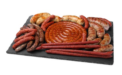 Different delicious sausages on white background. Assortment of beer snacks