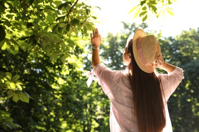 Young woman in park on sunny day, back view. Space for text