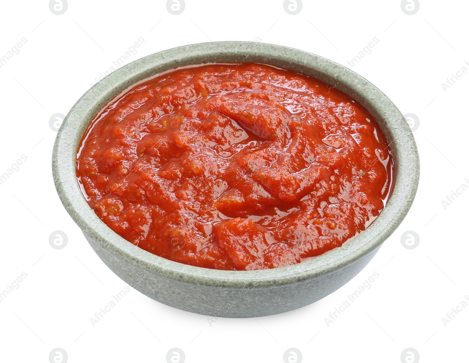 Photo of Homemade tomato sauce in bowl isolated on white