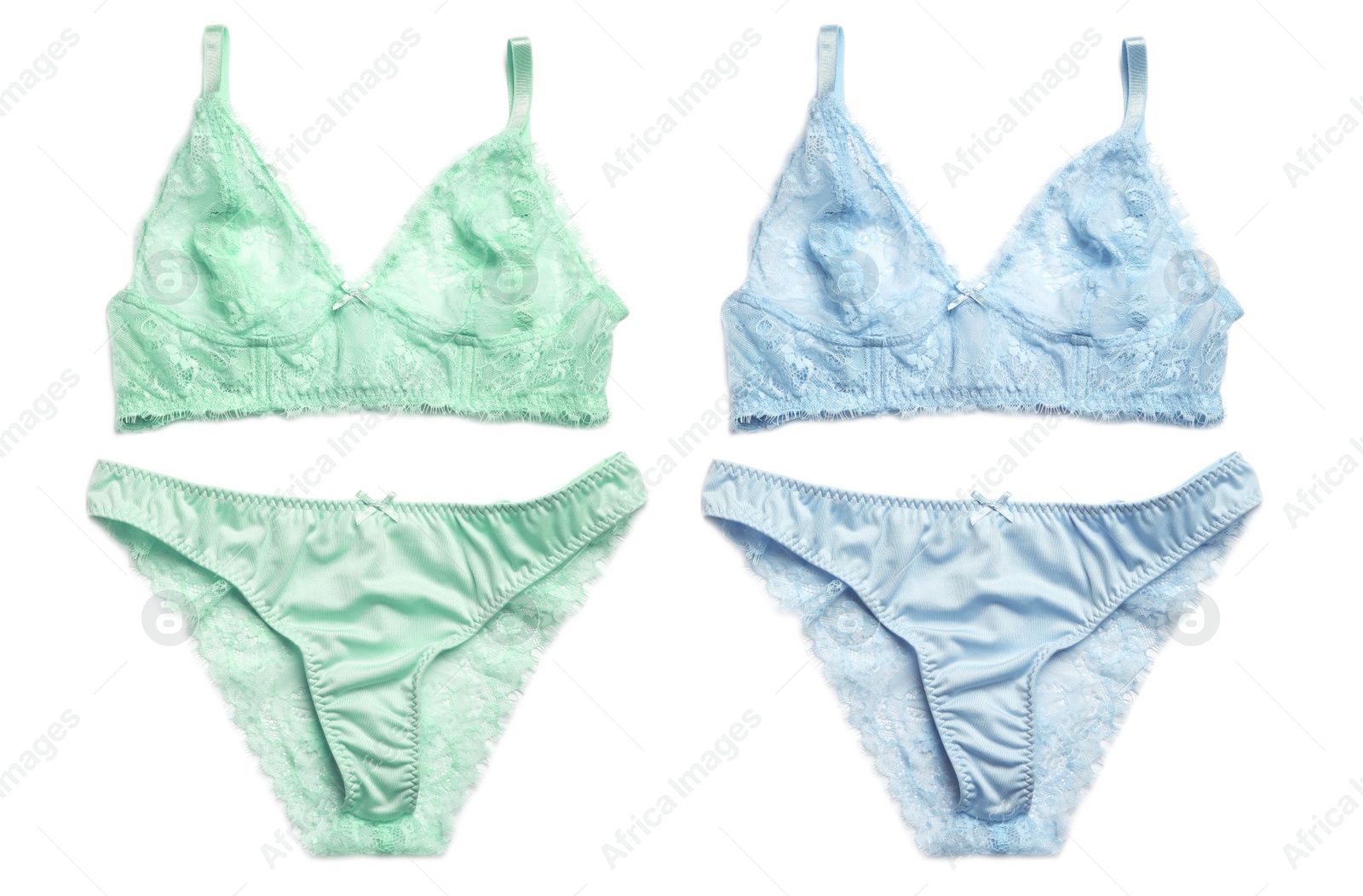 Image of Set of elegant women's underwear on white background