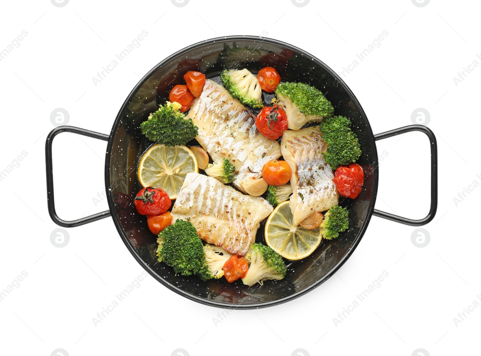 Photo of Tasty cod cooked with vegetables in frying pan isolated on white, top view