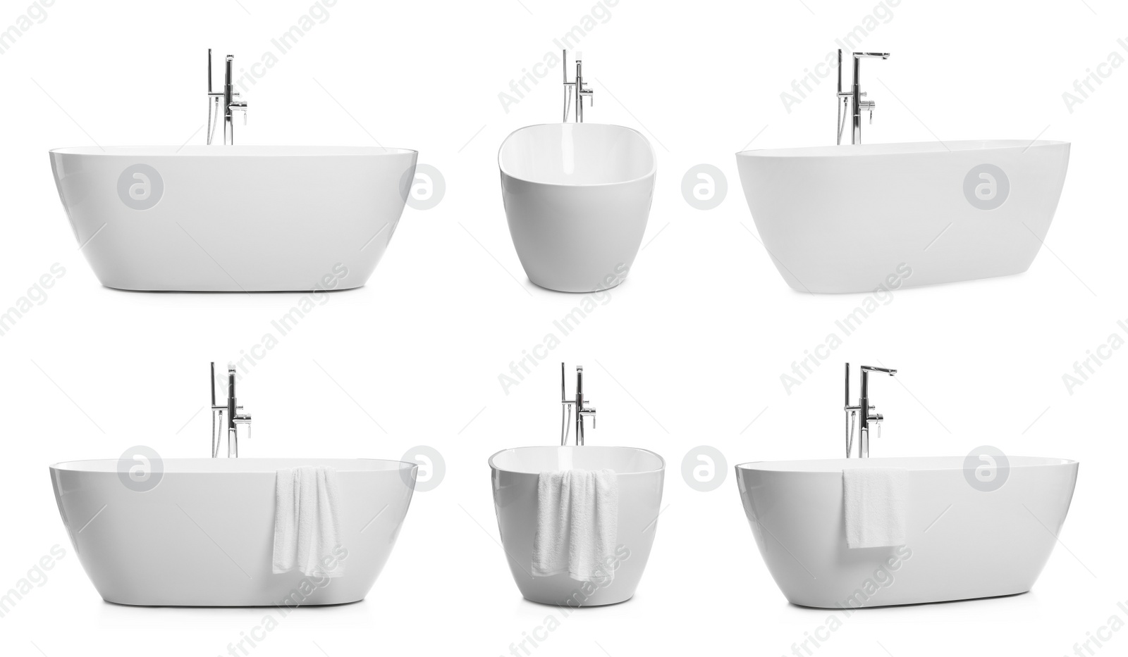 Image of Set with stylish ceramic bathtubs on white background