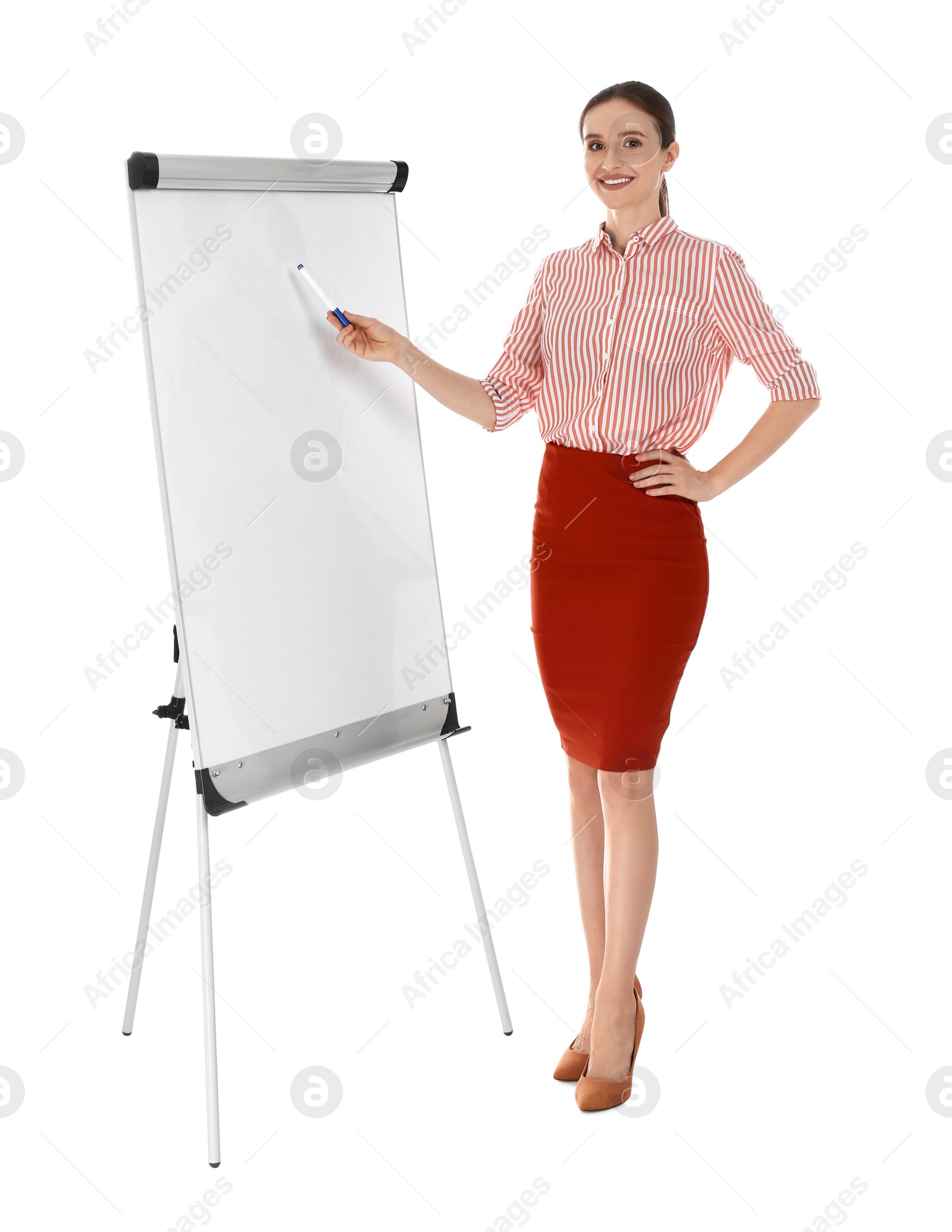 Photo of Professional business trainer near flip chart board on white background