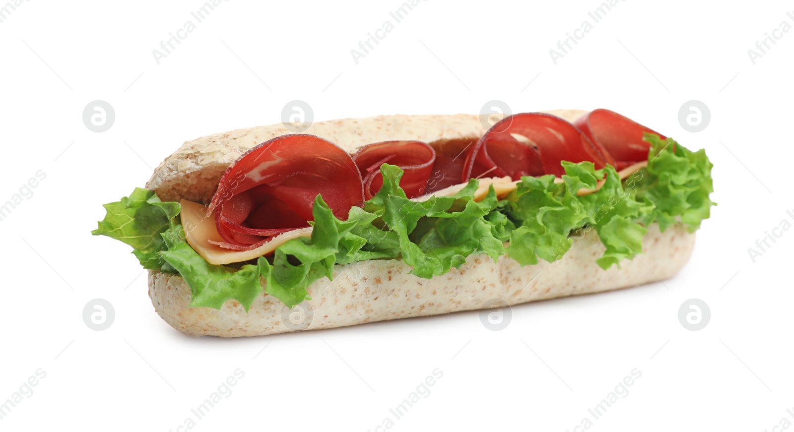 Photo of Delicious sandwich with bresaola, cheese and lettuce isolated on white