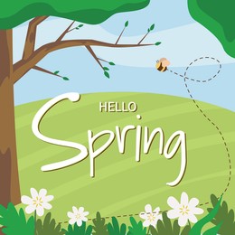 Hello Spring card. Bee flying near trees and flowers in meadow, illustration