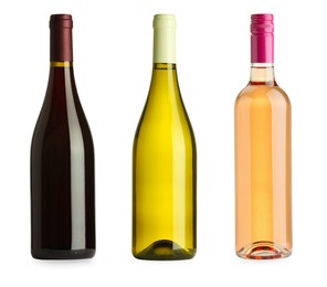 Image of Bottles of white, rose and red wine isolated on white