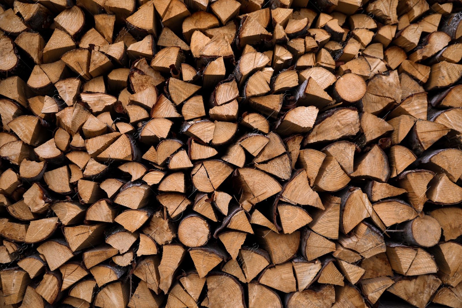 Photo of Stacked firewood as background. Heating house in winter