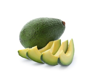 Photo of Ripe avocados on white background. Tropical fruit