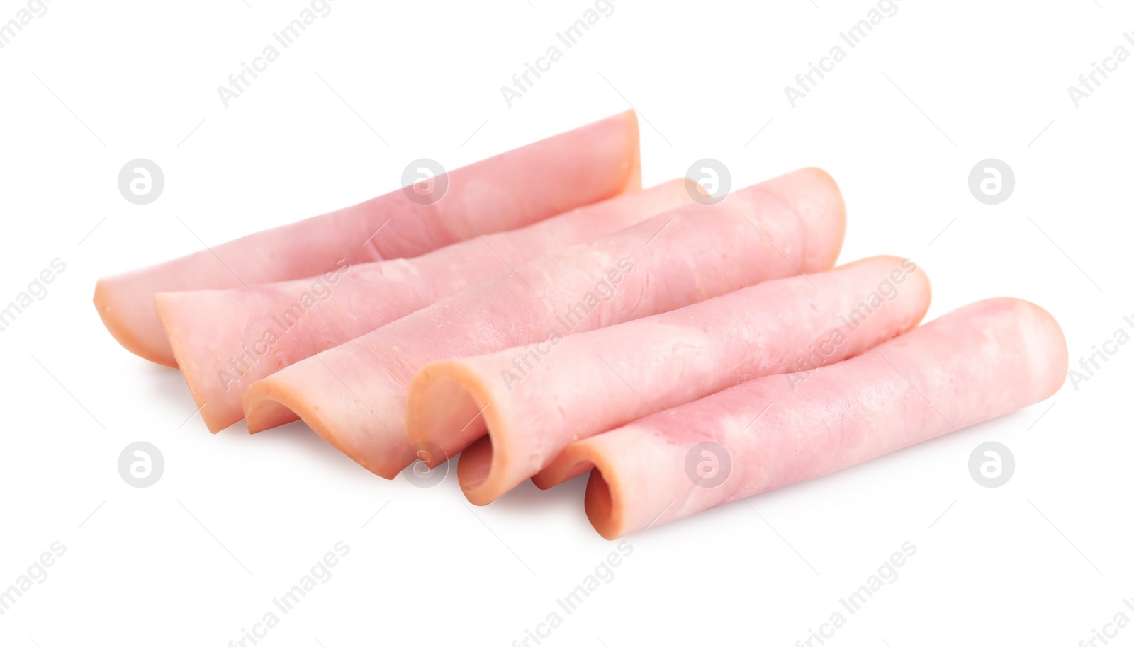 Photo of Slices of tasty fresh ham isolated on white