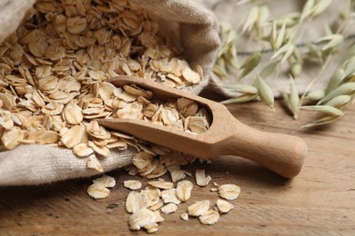 Bag with oatmeal, floret branches and scoop on wooden table, closeup