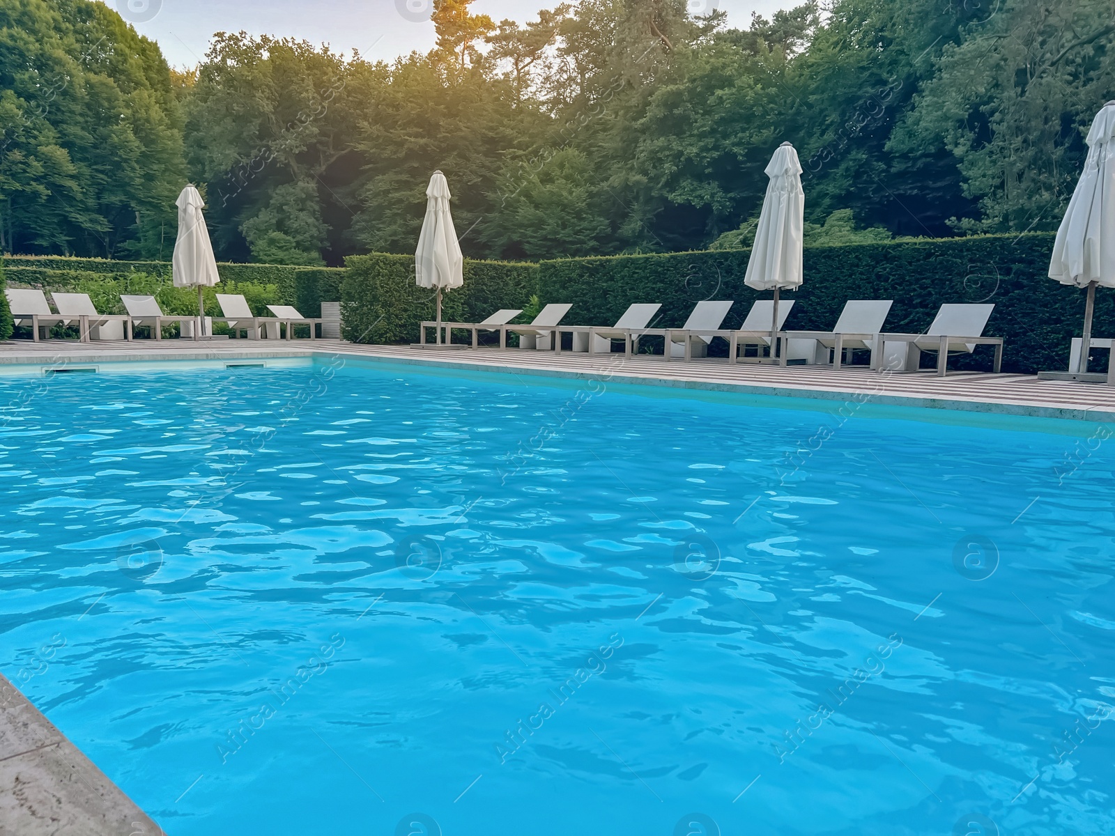 Photo of Outdoor swimming pool in luxury hotel on sunny summer day. Time for relax